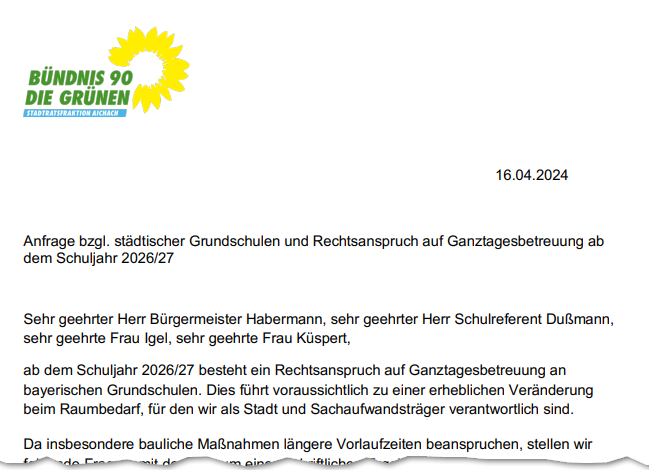 Öffentliche Anfrage: Ganztagsbetreuung an Aichacher Schulen