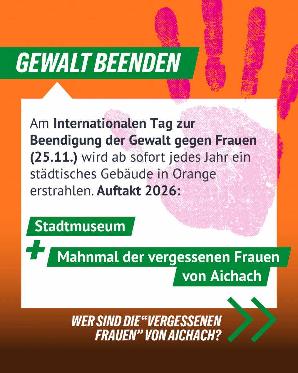 Grafik mit Text: Ab sofort wird jedes Jahr am Internationalen Tag zur Beendigung der Gewalt gegen Frauen ein städtisches Gebäude orange beleuchtet.